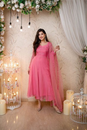 Pink New Arrival Georgette Kurti With Net Dupatta For Women